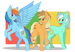 Size: 1663x1163 | Tagged: safe, artist:ggchristian, derpibooru import, applejack, lyra heartstrings, rainbow dash, earth pony, pegasus, pony, unicorn, abstract background, backwards cutie mark, rearing, smiling, trio