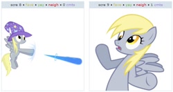 Size: 526x279 | Tagged: safe, derpy hooves, pegasus, pony, exploitable meme, female, hat, juxtaposition, juxtaposition win, mare, wizard hat