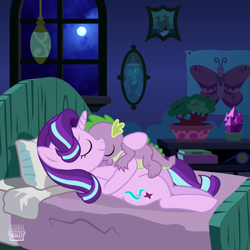 Size: 1168x1169 | Tagged: safe, artist:twifight-sparkill, edit, spike, starlight glimmer, dragon, pony, unicorn, bed, cuddling, eyes closed, female, hug, love, male, mare, moon, night, shipping, sleeping, smiling, snuggling, sparlight, starlight's room, straight, window