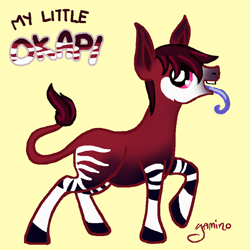 Size: 500x500 | Tagged: safe, artist:yamino, derpibooru import, okapi, blue tongue, creme background, donkey ears, leonine tail, long tongue, my little okapi, signature, solo, zebra legs