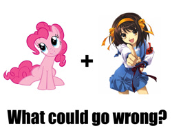 Size: 1377x1080 | Tagged: safe, pinkie pie, earth pony, pony, melancholy of haruhi suzumiya, meme, meta, simple background, suzumiya haruhi, this will end in tears, xk-class end-of-the-world scenario