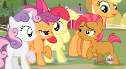 Size: 850x465 | Tagged: safe, screencap, apple bloom, applejack, babs seed, scootaloo, sweetie belle, earth pony, pony, one bad apple, bedroom eyes, out of context