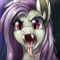 Size: 1280x1280 | Tagged: safe, artist:nummynumz, derpibooru import, fluttershy, bat pony, pony, fangs, flutterbat, imminent vore, long tongue, maw, mawshot, open mouth, solo, teeth, tongue out, uvula