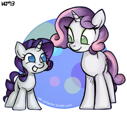 Size: 661x656 | Tagged: safe, artist:kimgoma, rarity, sweetie belle, pony, unicorn, age regression, filly, older, role reversal