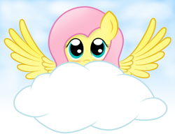 Size: 900x691 | Tagged: safe, artist:megaman174, fluttershy, pegasus, pony, blushing, cloud, female, mare