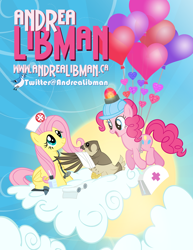 Size: 900x1165 | Tagged: safe, artist:pixelkitties, fluttershy, pinkie pie, earth pony, pegasus, pony, andrea libman, animal, balloon, cloud, injured, poster, then watch her balloons lift her up to the sky