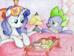 Size: 1612x1209 | Tagged: safe, artist:nancyksu, rarity, spike, dragon, pony, unicorn, bed, bed mane, breakfast, breakfast in bed, female, male, messy mane, older, rose, shipping, sparity, straight, traditional art