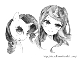 Size: 571x428 | Tagged: safe, artist:tsurukinoki, rarity, bust, duality, grayscale, horned humanization, human ponidox, humanized, monochrome, portrait