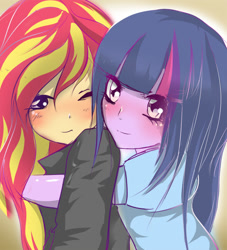 Size: 787x868 | Tagged: safe, artist:clownpoisson, sunset shimmer, twilight sparkle, equestria girls, female, hug from behind, lesbian, shipping, sunsetsparkle