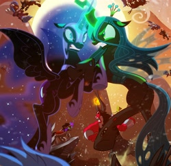 Size: 3193x3092 | Tagged: safe, artist:light262, king sombra, lord tirek, nightmare moon, queen chrysalis, alicorn, centaur, changeling, changeling queen, pegasus, pony, unicorn, comic:timey wimey, cropped, dark crystal, dark magic, female, fight, glowing horn, horns are touching, magic, male, mare, scorpan's necklace, shadowbolts, stallion