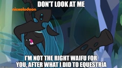 Size: 888x499 | Tagged: safe, edit, edited screencap, screencap, ocellus, queen chrysalis, changeling, changeling queen, what lies beneath, caption, crysalis, dab, disguise, disguised changeling, eyes closed, female, implied chrysalis, nickelodeon, out of context, waifu
