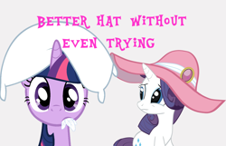 Size: 1400x900 | Tagged: safe, derpibooru import, rarity, twilight sparkle, pony, unicorn, caption, hat, meme, pink text