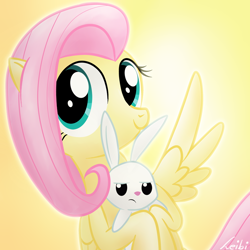 Size: 800x800 | Tagged: safe, artist:leibi97, angel bunny, fluttershy, pegasus, pony, rabbit, animal, female, looking at you, mare, signature, smiling