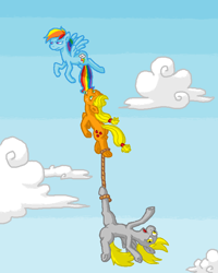 Size: 640x800 | Tagged: safe, artist:rawrienstein, derpibooru import, applejack, derpy hooves, rainbow dash, earth pony, pegasus, pony, cloud, cloudy, derp, female, flying, hanging, i just don't know what went wrong, mare, ms paint, pixel art, rope, tail bite