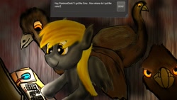 Size: 1191x670 | Tagged: safe, artist:deliriouscat, derpy hooves, emu, pegasus, pony, computer, female, mare, rom