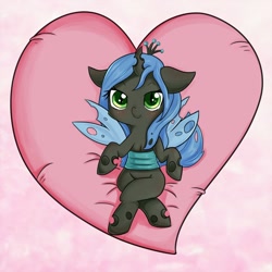 Size: 1280x1280 | Tagged: safe, artist:zokkili, queen chrysalis, changeling, changeling queen, chibi, crown, cute, cutealis, female, heart, jewelry, looking at you, regalia, solo