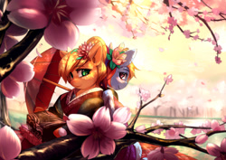 Size: 1980x1400 | Tagged: safe, artist:bakki, derpibooru import, applejack, rainbow dash, earth pony, pegasus, pony, semi-anthro, bento, blushing, cherry blossoms, commission, japanese, kimono (clothing)