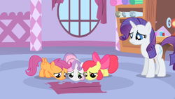 Size: 500x281 | Tagged: safe, artist:capnpea, edit, apple bloom, rarity, scootaloo, sweetie belle, pony, unicorn, carpet muncher, eating carpet, fabric, fimbriae, pun, visual pun