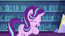 Size: 1280x720 | Tagged: safe, screencap, starlight glimmer, pony, unicorn, every little thing she does, cute, eyes closed, female, glimmerbetes, mare, open mouth, raised hoof, smiling, solo