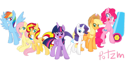 Size: 1280x624 | Tagged: safe, artist:potzm, applejack, fluttershy, pinkie pie, rainbow dash, rarity, sunset shimmer, twilight sparkle, twilight sparkle (alicorn), alicorn, earth pony, pegasus, pony, unicorn, alternate mane seven, mane six, party cannon