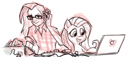 Size: 1002x456 | Tagged: safe, artist:herny, fluttershy, human, computer, glasses, skrillex