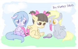 Size: 1043x665 | Tagged: safe, artist:catwhitney, derpy hooves, wild fire, oc, oc:sleepy skies, filly, younger