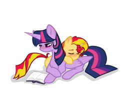 Size: 1600x1200 | Tagged: safe, artist:suenden-hund, sunset shimmer, twilight sparkle, twilight sparkle (alicorn), alicorn, pony, unicorn, blushing, book, female, lesbian, shipping, sunsetsparkle