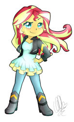 Size: 800x1304 | Tagged: safe, artist:pillonchou, sunset shimmer, equestria girls, friendship games, clothes, hand on hip, leather jacket, looking at you, pose, signature, simple background, solo, transparent background