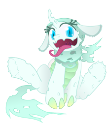 Size: 889x1026 | Tagged: safe, artist:sketchy brush, artist:titi, derpibooru import, oc, oc only, oc:queen culicoides, changeling, changeling queen, collaboration, changeling queen oc, cute, dangerous, ice, long tongue, open mouth, simple background, sitting, smiling, solo, terrifying, tongue out, transparent background, underhoof, vector, vector trace