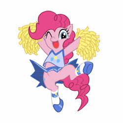 Size: 1024x1024 | Tagged: safe, artist:mol, pinkie pie, pony, bipedal, cheerleader, clothes, featureless crotch, simple background, skirt, solo, upskirt