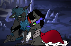 Size: 1024x671 | Tagged: safe, artist:chrissydrawscz, king sombra, queen chrysalis, changeling, changeling queen, changepony, hybrid, pony, unicorn, chrysombra, family, female, interspecies offspring, male, offspring, parent:king sombra, parent:queen chrysalis, parents:chrysombra, shipping, sombra eyes, straight