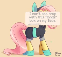 Size: 500x461 | Tagged: safe, artist:solar-slash, fluttershy, pegasus, pony, bunny ears, clothes, dangerous mission outfit, female, goggles, hoodie, mare, parody, pony confession, solo