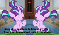 Size: 760x448 | Tagged: safe, edit, edited screencap, screencap, starlight glimmer, pony, unicorn, the cutie re-mark, cute, eyes closed, female, filly, open mouth, self ponidox, sitting, smiling, sunshine sunshine, unitinu, younger