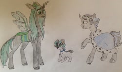 Size: 1023x605 | Tagged: safe, artist:doodletheexpoodle, king sombra, queen chrysalis, changeling, changeling queen, changepony, hybrid, pony, unicorn, chrysombra, family, female, good king sombra, interspecies offspring, male, offspring, parent:king sombra, parent:queen chrysalis, parents:chrysombra, shipping, straight, traditional art