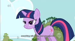 Size: 848x469 | Tagged: safe, derpibooru import, screencap, twilight sparkle, pony, unicorn, female, horn, mare, purple coat, purple mane, solo, youtube caption