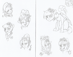 Size: 1280x991 | Tagged: safe, artist:qatsby, derpibooru import, applejack, fluttershy, pinkie pie, rainbow dash, rarity, starlight glimmer, twilight sparkle, earth pony, pegasus, pony, unicorn, alternate hairstyle, cutie mark, monochrome, sketch, traditional art