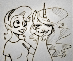 Size: 1126x939 | Tagged: artist needed, safe, derpibooru import, princess celestia, oc, human, 4chan, baman piderman, bedroom eyes, derp, grin, long tongue, looking at you, monochrome, silly, smiling, smirk, sweet bro and hella jeff, tongue out