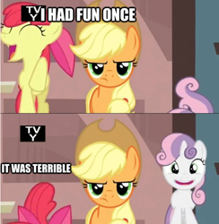 Size: 500x512 | Tagged: safe, apple bloom, applejack, sweetie belle, earth pony, pony, one bad apple, fun, image macro