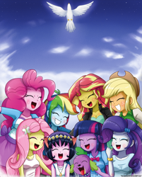 Size: 1102x1370 | Tagged: safe, artist:the-butch-x, applejack, fluttershy, pinkie pie, rainbow dash, rarity, spike, sunset shimmer, twilight sparkle, oc, oc:cassey, dog, dove, equestria girls, clothes, cowboy hat, cute, eyes closed, grin, happy, hat, heaven, holy spirit, humane seven, humane six, jacket, leather jacket, open mouth, religion in the comments, skirt, smiling, spike the dog, stetson