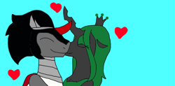 Size: 1543x759 | Tagged: safe, artist:alexeigribanov, king sombra, queen chrysalis, changeling, changeling queen, pony, unicorn, chrysombra, female, kissing, male, shipping, straight