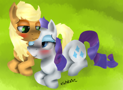 Size: 2713x2001 | Tagged: safe, artist:cuteikinz, applejack, rarity, earth pony, pony, unicorn, blushing, rarijack, shipping