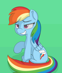 Size: 664x774 | Tagged: safe, artist:treekickerdraws, derpibooru import, rainbow dash, pegasus, pony, backwards cutie mark, female, mare, raised hoof, sitting, smiling, smirk, smug, solo