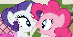 Size: 944x487 | Tagged: safe, screencap, pinkie pie, rarity, earth pony, pony, unicorn, boop, nose wrinkle