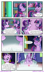 Size: 1024x1676 | Tagged: safe, artist:yogfan, starlight glimmer, twilight sparkle, twilight sparkle (alicorn), alicorn, pony, comic:but i do now, comic, cutie map, dialogue, duo, glow, levitation, looking back, magic, open mouth, raised hoof, scroll, sitting, telekinesis