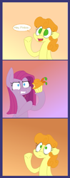 Size: 389x990 | Tagged: safe, artist:artflicker, carrot top, golden harvest, pinkie pie, earth pony, pony, comic, cupcake, eating, food, pinkamena diane pie