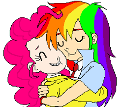 Size: 290x250 | Tagged: safe, artist:asdf314159265, derpibooru import, pinkie pie, rainbow dash, human, female, hug, humanized, lesbian, necktie, pinkiedash, shipping