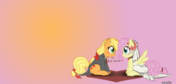 Size: 1358x650 | Tagged: safe, artist:0r0ch1, edit, applejack, fluttershy, earth pony, pegasus, pony, appleshy, blushing, missing accessory, shipping, wedding