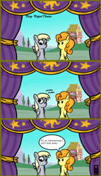 Size: 582x1020 | Tagged: safe, artist:mangameister, carrot top, derpy hooves, golden harvest, pegasus, pony, comic, female, googly eyes, hand puppet, mare, pony puppet theater, puppet