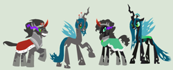 Size: 1896x772 | Tagged: safe, artist:deppressedunicorn, king sombra, queen chrysalis, changeling, changeling queen, changepony, hybrid, pony, unicorn, chrysombra, family, female, interspecies offspring, male, offspring, parent:king sombra, parent:queen chrysalis, parents:chrysombra, shipping, straight