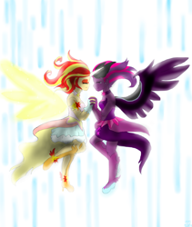 Size: 1024x1211 | Tagged: safe, artist:fallenangel5414, midnight sparkle, sci-twi, sunset shimmer, twilight sparkle, equestria girls, friendship games, crying, daydream shimmer, eyes closed, holding hands, redemption, scene interpretation, smiling